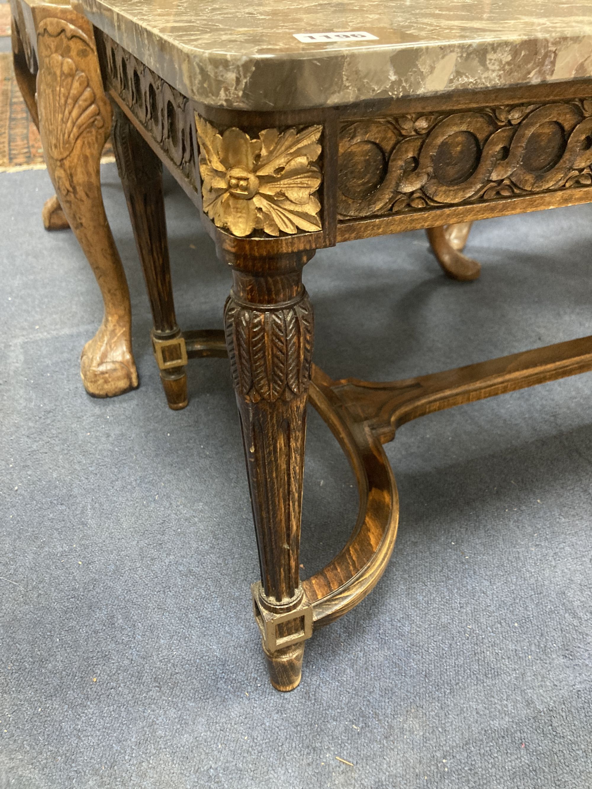 A French Louis XVI style marble topped stained beech occasional table, width 102cm, depth 46cm, height 45cm